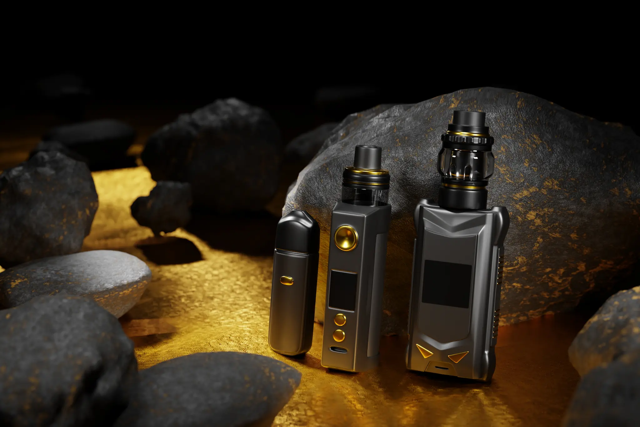 vaping-device-ecigarette-banner-rock-gold-light-background-3d-rendering